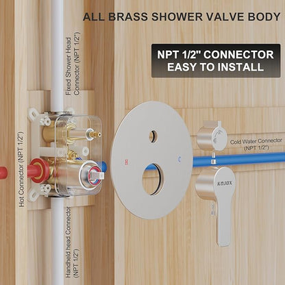 KOJOX 10 Inch Brushed Nickel Shower System with High Pressure Rain Shower Head, Handheld Shower Head, Bathroom Mixer Shower Set Wall Mounted Shower Faucet Rough-in Valve and Trim Kit