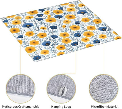 Blue Yellow Floral Dish Drying Mats for Kitchen Counter, 16" x 18" Absorbent Microfiber Drying Pad for Dishes, Decorative Kitchen Mat for Sink & Dining Area, Washable Foldable Reversible, Home Decor