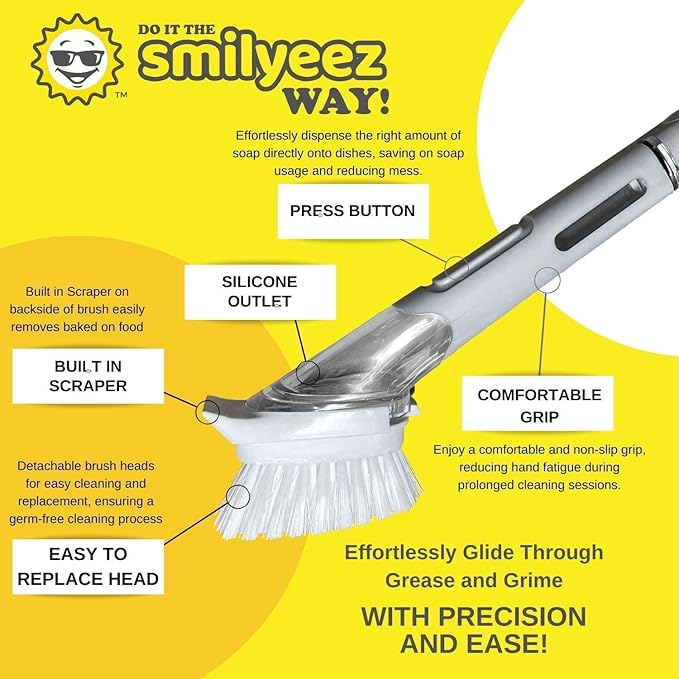 Smilyeez Soap Dispensing Dishwand (Light Blue) with Ergonomic Handle and 2 Interchangeable Brushes - Effortless Cleaning and Long-Lasting Durability - Kitchen and Dishwashing Essential