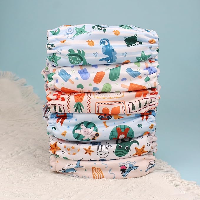 Mama Koala 3.0 Cloth Diapers for Babies with AWJ Lining, 6 Pack with 6 Natural Cloth Diaper Inserts - Reusable and Washable Pocket Diapers (in the Sea)