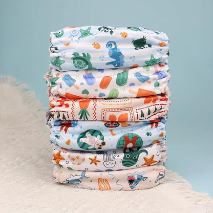 Mama Koala 3.0 Cloth Diapers for Babies with AWJ Lining, 6 Pack with 6 Natural Cloth Diaper Inserts - Reusable and Washable Pocket Diapers (in the Sea)