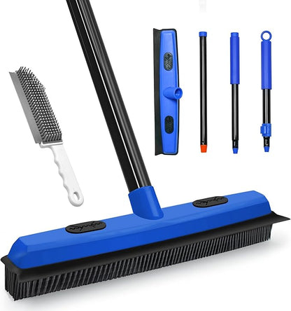 Rubber Broom Carpet Brush with Squeegee, Pet Hair Remover with 52.8 inches Long Handle, Detailing Lint Fur Removal Tool, Silicone Rug Rake for Cleaning Hardwood Floor, Tile, Window (Blue)