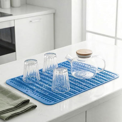 MicoYang Silicone Dish Drying Mat for Multiple Usage,Easy clean,Eco-friendly,Heat-resistant Silicone Mat for Kitchen Counter or Sink,Refrigerator or drawer liner Lichen BlueL L 16 inches x 12 inches