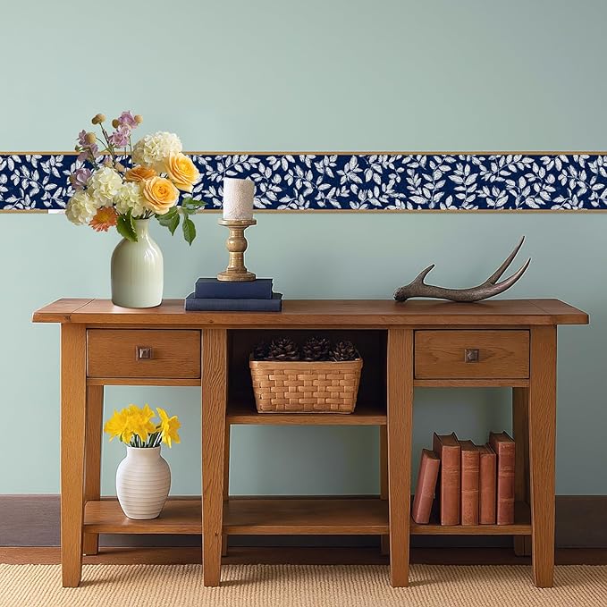 Blue Floral Wallpaper Border 196x4 Inch Peel and Stick Wall Border Elegant White Leaf Pattern Removable Vinyl Wall Trim for Kitchen Bathroom Bedroom Living Room Home Decor