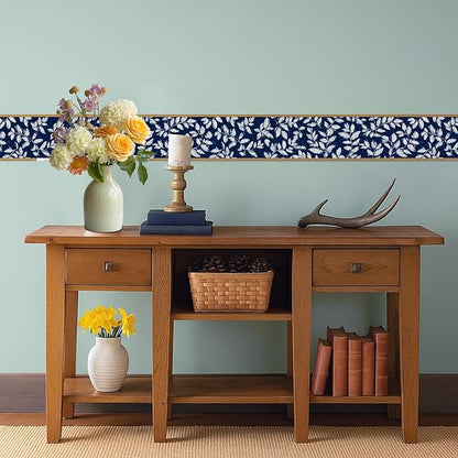 Blue Floral Wallpaper Border 196x4 Inch Peel and Stick Wall Border Elegant White Leaf Pattern Removable Vinyl Wall Trim for Kitchen Bathroom Bedroom Living Room Home Decor