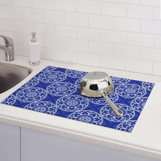 Chinoiserie Blue White Porcelain Dish Drying Mats for Kitchen Counter Sink, Absorbent Microfiber Drying Pad for Dishes, Washable Foldable Chinoiserie Kitchen Mat for Dining Area, Home Decor, 18" x 24"