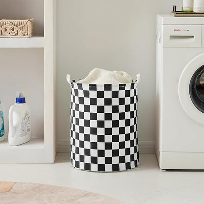 Black White Checkered Laundry Basket, Collapsible Aesthetic Cute Canvas Organizer Hamper Basket for Storage, Toy Bins, Bedroom Clothes, Children Nursery, Gift Basket