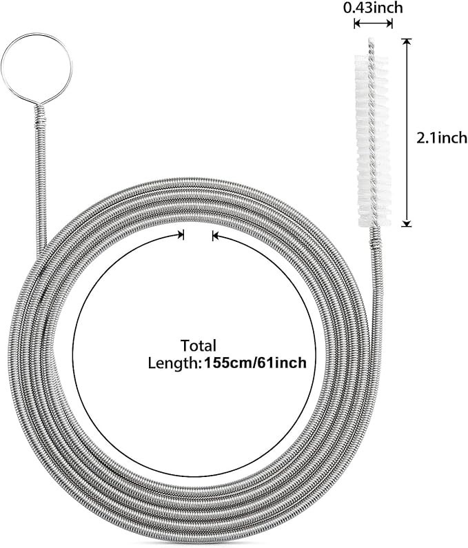 1 Pack 61 Inch Long Pipe Cleaner Flexible Tube Cleaning Brush Fridge Cleaning Tool,Stainless Steel Kitchen Drain Tube Cleaning Brushes Sink Fridge Skinny Pipe Drain Dredge Cleaning Tool