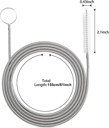 1 Pack 61 Inch Long Pipe Cleaner Flexible Tube Cleaning Brush Fridge Cleaning Tool,Stainless Steel Kitchen Drain Tube Cleaning Brushes Sink Fridge Skinny Pipe Drain Dredge Cleaning Tool