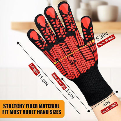 BBQ Gloves, Oven Gloves, 1472°F Extreme Heat Resistant Barbecue Gloves, Silicone Non-Slip Oven Mitts, Kitchen for Cooking, Grilling, and Baking (Red)