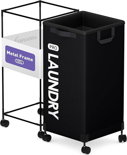 Caroeas Next-Gen 105L Matel Frame Laundry Basket with wheels, Heavy Duty Tall Rolling Laundry Hamper with Removable Wash Bag, Collapsible Freestanding Clothes Hamper (100L,Black,1Pack)