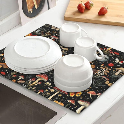 Black Forest Mushroom Butterfly Dish Drying Mats, Absorbent Microfiber Cute Decorative Kitchen Counter Mat, 16 x 18 inch, Washable, Reusable, Foldable for Dishes Utensils, Small Appliances, Home Decor