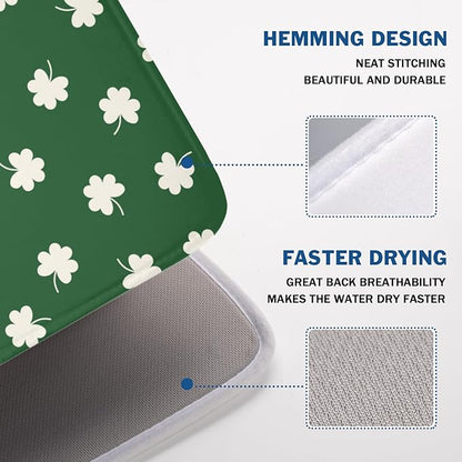 St Patricks Day Lucky Clover Dish Drying Mats for Kitchen Counter Green White Shamrock Dish Drying Pad St Patrick Microfiber Absorbent Reusable Washable Large Dishes Drying Mat 18x24 Inch