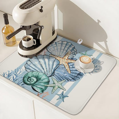 Summer Sea Shell Drying Mat 18x16 Inch, Starfish Drying Mat with Absorbent Reversible Microfiber, Coastal Dish Drainer Mats Holiday Ocean Rack Pad for Coffee Countertop Kitchen Protector