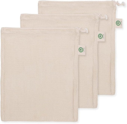 Cotton Mesh Laundry Bags - 3 Pack Large for Washing Machine, Lingerie, Underwear and Bra - Easy Drawstring Closure, Microplastic-Free and Sustainable