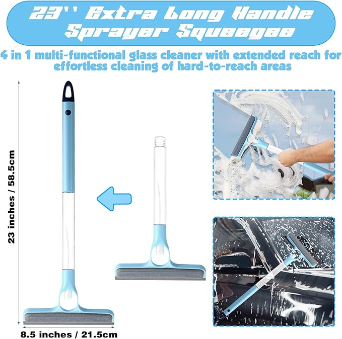 Lothee 1pcs 3 in 1 Window Squeegee, 23'' Long Handle Window Cleaning Scraper, Squeegee and Scrubber with Spray for Walls, Car Windshields, Bathrooms, Kitchens (Bule)