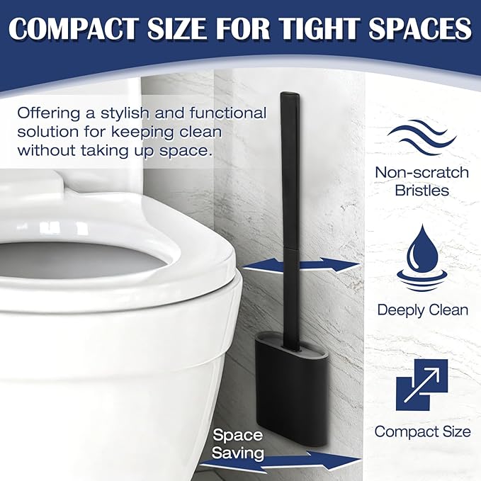 Toilet Brush and Holder Set, Wall Mounted Toilet Bowl Brush Head with Silicone Bristles, 2 Pack Black Compact Size for Storage and Organization Scrub Brush for RV Bathroom Accessories