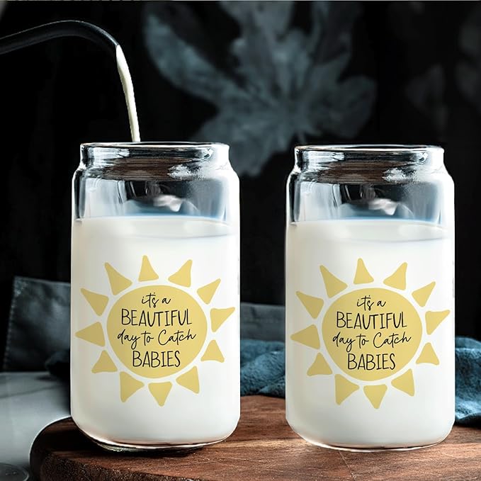 Funny Midwife Doula Gifts Glass Cup with Lids and Straws 14oz - OBGYN Doctor Nurse Labor and Delivery NurseGifts, OBGYN Glass Coffee Tumbler Drinking Jars with Cleaning Brush