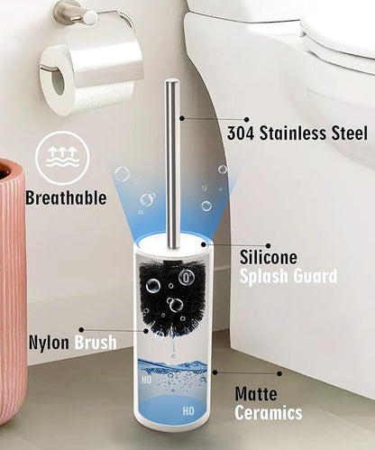 Matt White Ceramic Toilet Brush and Holder Set, Freestanding Toilet Bowl Cleaners Brush, Scrubber Brush for Toilet, Bathroom Accessories with Stainless Handle, Deep Cleaning