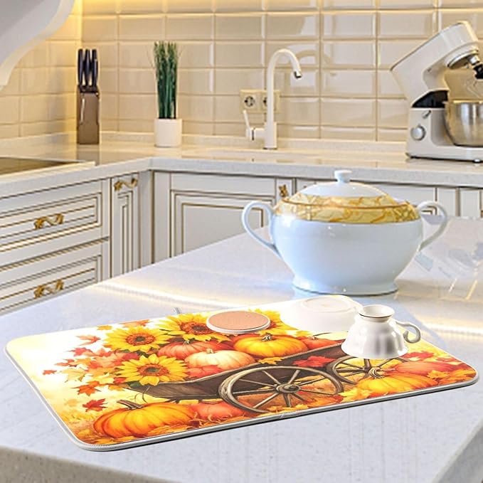 Pumpkin Sunflower Autumn Thanksgiving Dish Drying Mat for Kitchen Counter Absorbent Microfiber Drying Pad, Medium 16x18 in