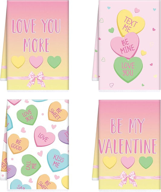 Valentines Day Kitchen Towels, 4PCS Conversation Heart Dish Towels for Cooking Cleaning, Absorbent Aesthetic Tea Towel with Hanging Loop for Home Kitchen Decor(16 X 24 Inches)