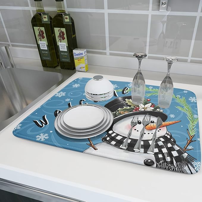 Christmas Snowman Dish Drying Mat for Kitchen Counter 18x24 Blue White Snowflake Welcome Winter Holiday Absorbent Reversible Microfiber Drying Mats Kitchen Countertop Protector Dishes Drainer Rack Pad