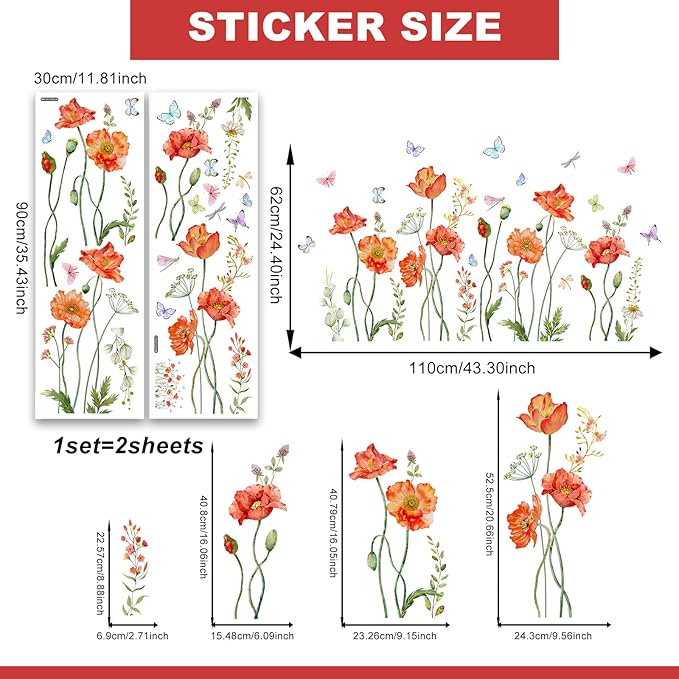 Floral Butterflies Wall Decal Red Flower with Colorful Butterflies Wall Stickers Peel and Stick Waterproof Decor for Living Room Bedroom