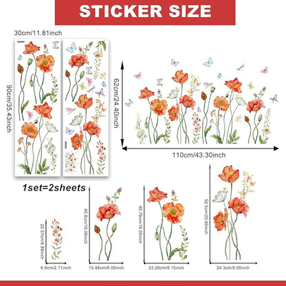 Floral Butterflies Wall Decal Red Flower with Colorful Butterflies Wall Stickers Peel and Stick Waterproof Decor for Living Room Bedroom