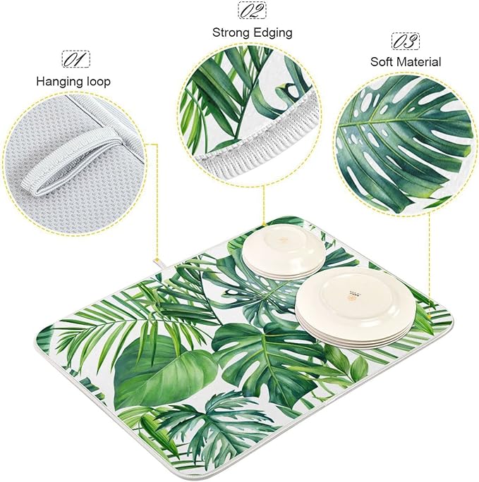 Tropical Palm Leaves Dish Drying Mat for Kitchen Counter Green Monstera Leaf Absorbent Microfiber Drying Pad, Large 18x24 in, Reversible Drainer Mats