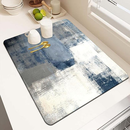 MCALK Blue Dish Drying Mat for Kitchen Counter, Grey Dish Drying Pad with Anti-Slip Rubber Base, Absorbent Kitchen Sink Mat with Abstract Art Decor (1 pc 18" x 16")