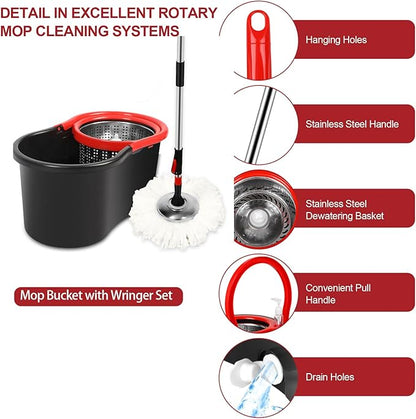 Spin Mop and Bucket with Wringer Set, 3 Washable Microfiber Pads Included for Floor Cleaning, Adjustable Stainless Steel Handle (XS-Black)