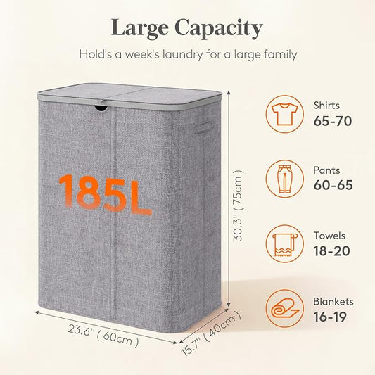 Lifewit 185L Large 3 Section Laundry Hamper with Lid, Plastic Laundry Basket with Bamboo Handles and Removable Bags, Tall Foldable Clothes Hamper for Bathroom Bedroom, Light Gray