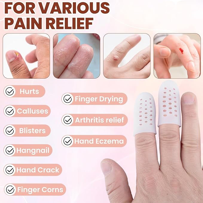 PAGOW 10pcs Gel Finger Cots/Covers, Silicone Finger Protector Support, Finger Caps Finger Sleeves Thumb Protector for Finger Cracking Trigger Finger Arthritis Pain Relief (White, 8 Small+2 Medium)