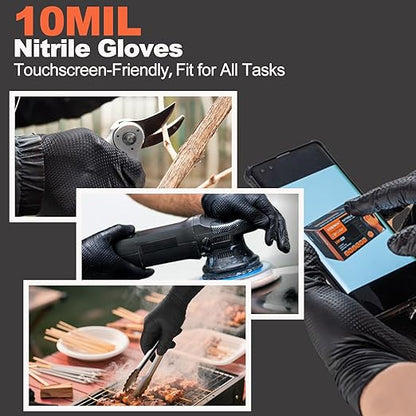 10mil Nitrile-Gloves Disposable - Chemical-Resistant Rubber - Mechanic Gloves Heavy Duty, Latex Free, Diamond Grip (1000,Black Medium)