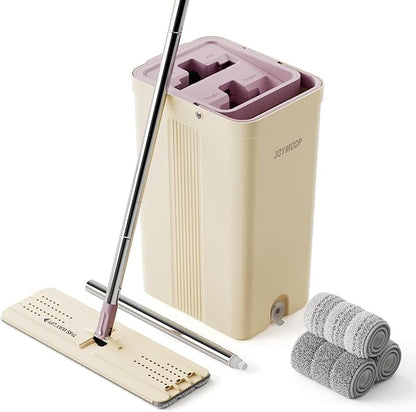 JOYMOOP Mop and Bucket Set (Beige & Blush Brown) with Extension Handle, Ideal for Floor, Window, and Wall Cleaning - Includes 3 Washable Microfiber Pads for Wet and Dry Use
