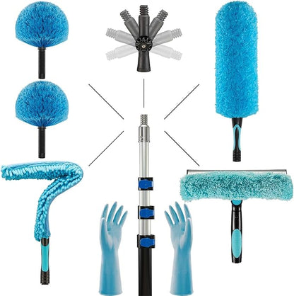 20 Foot Fan Cleaner High Ceiling 2 Cobweb Dusters with Heavy Duty Extension Pole, Window Squeegee Kit, Household Cleaning Gloves(12ft)