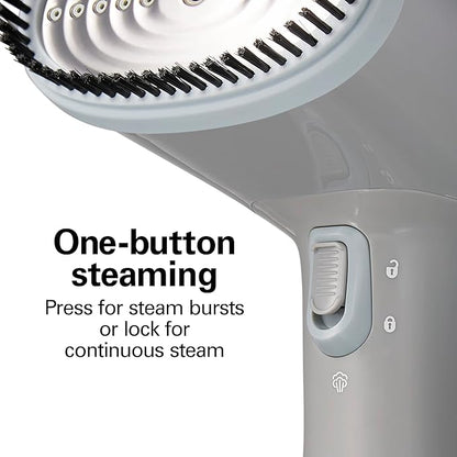 Hamilton Beach Handheld Garment Steamer for Clothes, Fabric and Drapes,1200 Watts, 400ml Water Tank, 20 Minutes of Continuous Steam, Vacation Essentials, Gray & Blue (11557)
