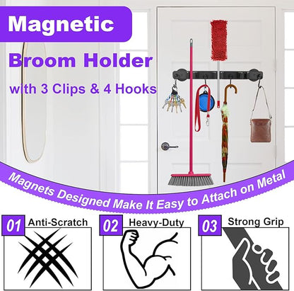 Magnetic Mop Broom Holder, Heavy Duty Magnetic Mop Hanger with Swivel Hooks for Cleaning Tools, Strong Magnet Mount Tool Hanger Organize System Utility Rack for Refrigerators Laundry Garage Kitchen