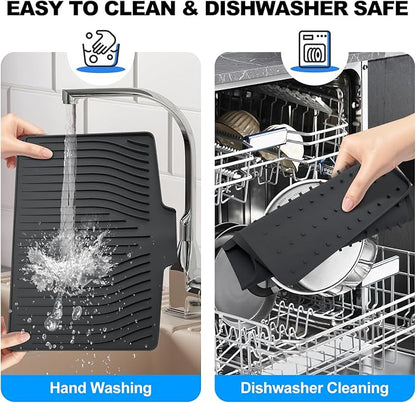 Silicone Dish Drying Mat for Kitchen Countertops and Sinks,19 x13.7 Inch Non Slip Heat Resistant Mat with Built In Drainage System,For Refrigerator and Drawer Liners (black, 19 x13.7 Inch)