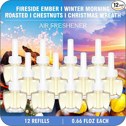 Plug In Refills Air Freshener, Winter Scents with Fireside Ember, Winter Morning, Roasted Chestnuts, Christmas Wreath - 12 Count, 7.92 Fl Oz - Compatible with Air Wick & Glade, Not Include Glade Plus