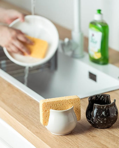 Zoeeker Sponge Holder for Kitchen Sink Counter, Ceramic Dish Sponge Caddy White Sink Organizer Dish Rack Farmhouse Brush Holder for Bathroom, Kitchen, White