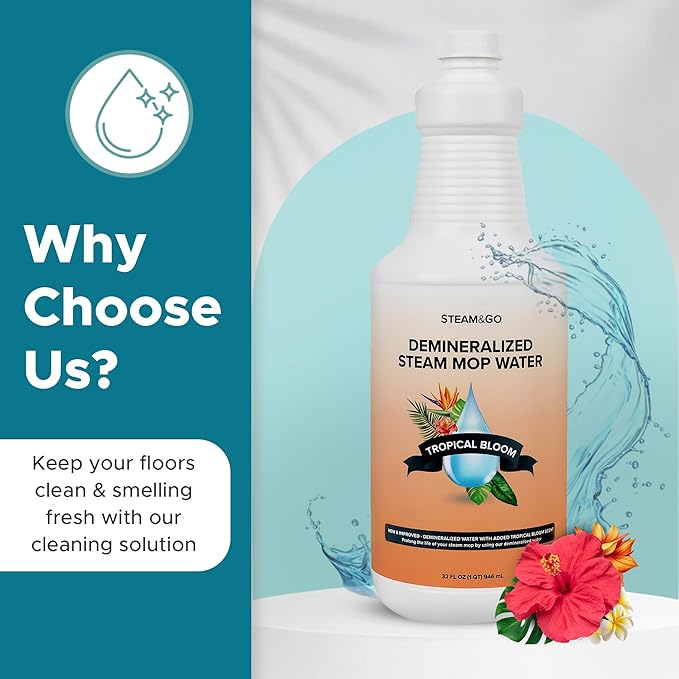 Steam & Go Demineralized Water for Steam Cleaner - PVC-Free Floor Cleaning Solution Compatible for All Steam Mops - Multi-Surface Cleaner for Home Surfaces - Tropical Bloom Scent, 32 oz (Pack of 6)