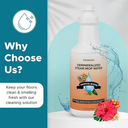 Steam & Go Demineralized Water for Steam Cleaner - PVC-Free Floor Cleaning Solution Compatible for All Steam Mops - Multi-Surface Cleaner for Home Surfaces - Tropical Bloom Scent, 32 oz (Pack of 6)