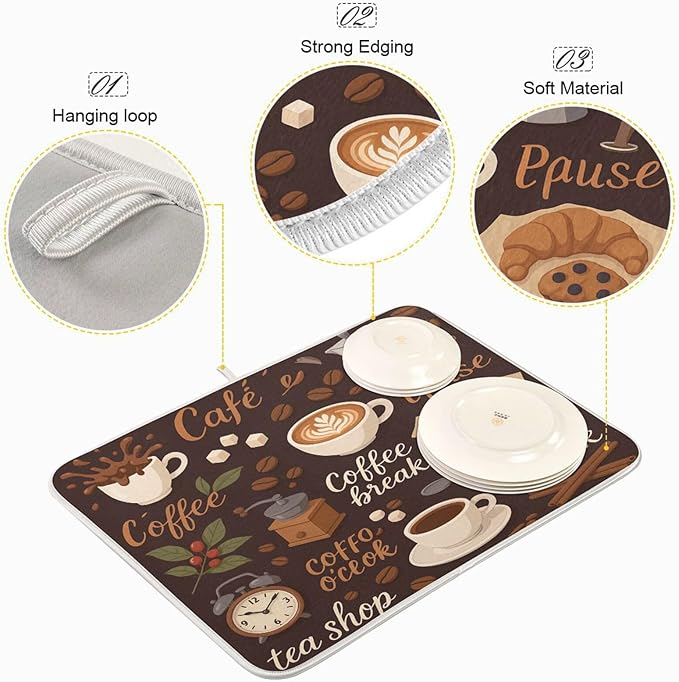 Tea and Coffee Theme Microfiber Dish Drying Mat Absorbent Dish Draining Mat Large Size 18 x 24 Dishes Drainer Mat for Countertop Dish Drying Pads