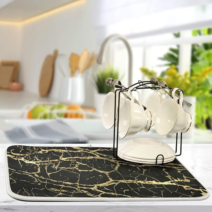Super Absorbent Dish Drying Mat, Microfiber Fast-Drying Dish Mat, 24" x 18", Kitchen Dish Drying Pad, Black Gold Marble