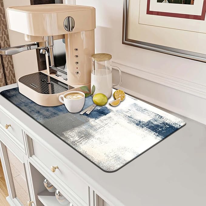 MCALK Blue Dish Drying Mat for Kitchen Counter, Grey Dish Drying Pad with Anti-Slip Rubber Base, Absorbent Kitchen Sink Mat with Abstract Art Decor (1 pc 18" x 16")