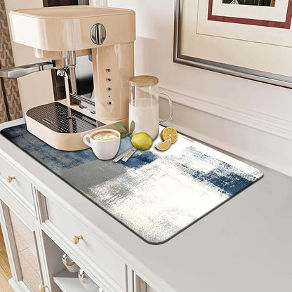MCALK Blue Dish Drying Mat for Kitchen Counter, Grey Dish Drying Pad with Anti-Slip Rubber Base, Absorbent Kitchen Sink Mat with Abstract Art Decor (1 pc 18" x 16")