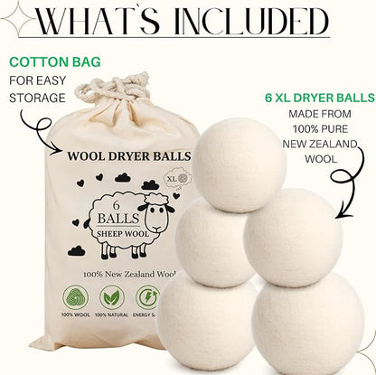 Wool Dryer Balls – 100% New Zealand Wool, Reduces Drying Time, Softens Laundry&Removes Wrinkles, Alternative to Plastic Balls & Natural Fabric Softener, Reusable Eco-Friendly Dryer Balls(Pack of 6 XL)