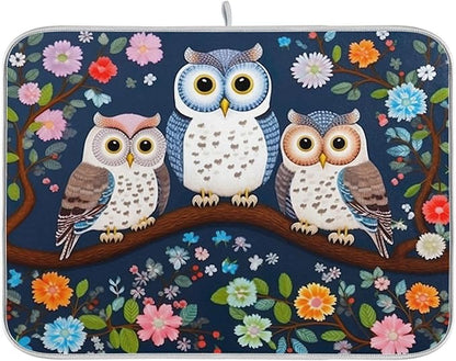 Dish Drying Mat Kitchen Counter Absorbent Three Owls Coffee Sink Mat Dish Drainer Pad 18 Inch x 16 Inch