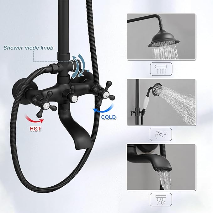 BWE Shower Fixture Matte Black Triple Function with Adjustable Hand Sprayer and Tub Spout High Pressure Rainfall Shower Head Fixture Wall Mount Complete Set